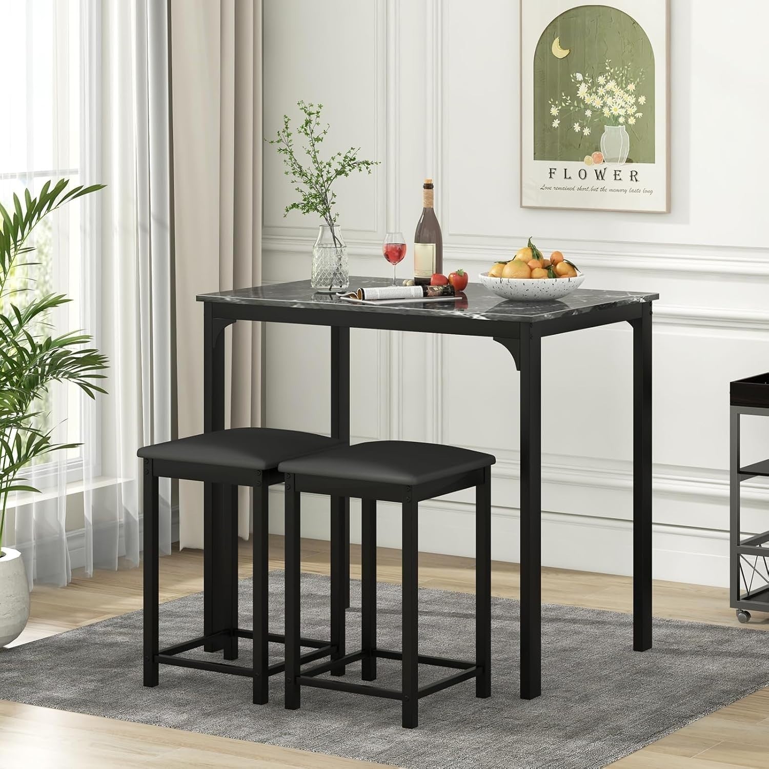 3-Piece Bar Table Set with Marble Top & 2 Stools Space-Saving Dining Black