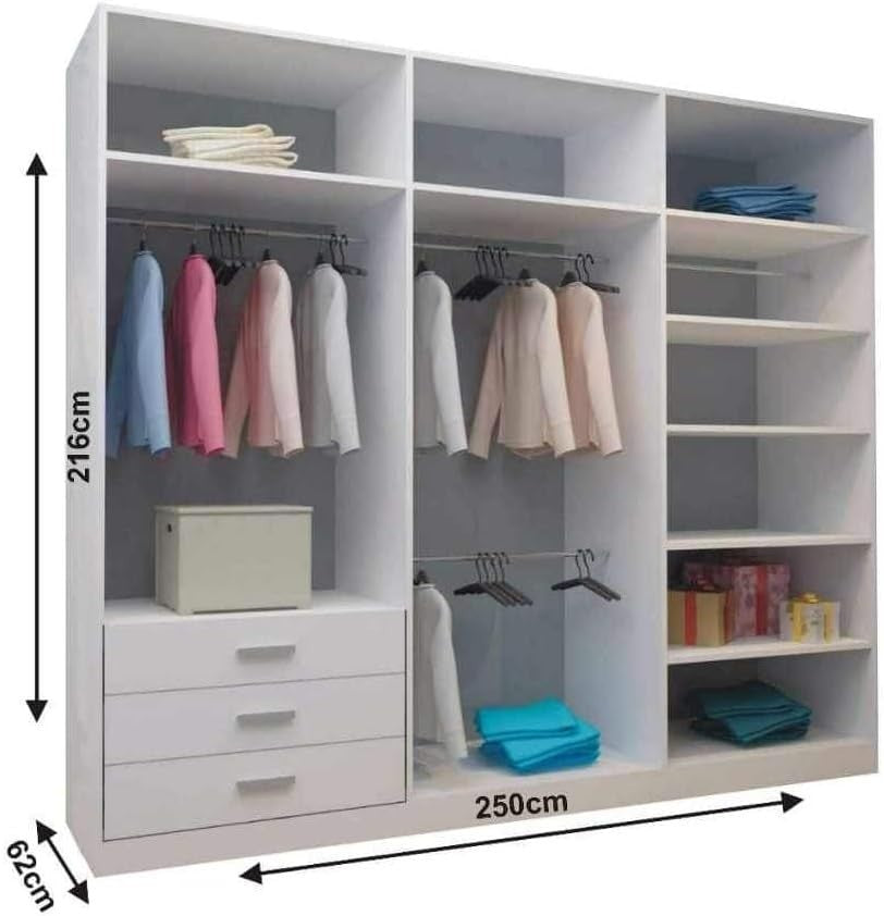 White Sliding Wardrobe 250cm LED Light 3 Doors Shelves Modern Storage