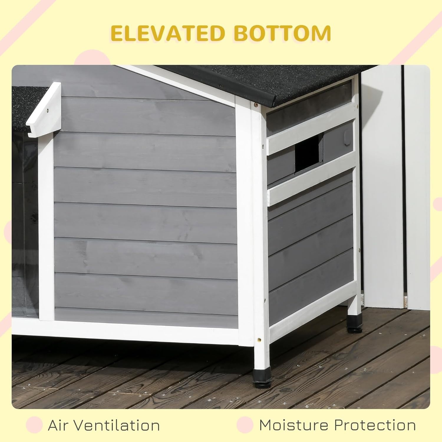 Outdoor Wooden Dog Kennel with Raised Base & Ventilated Roof 109x79x72cm Grey