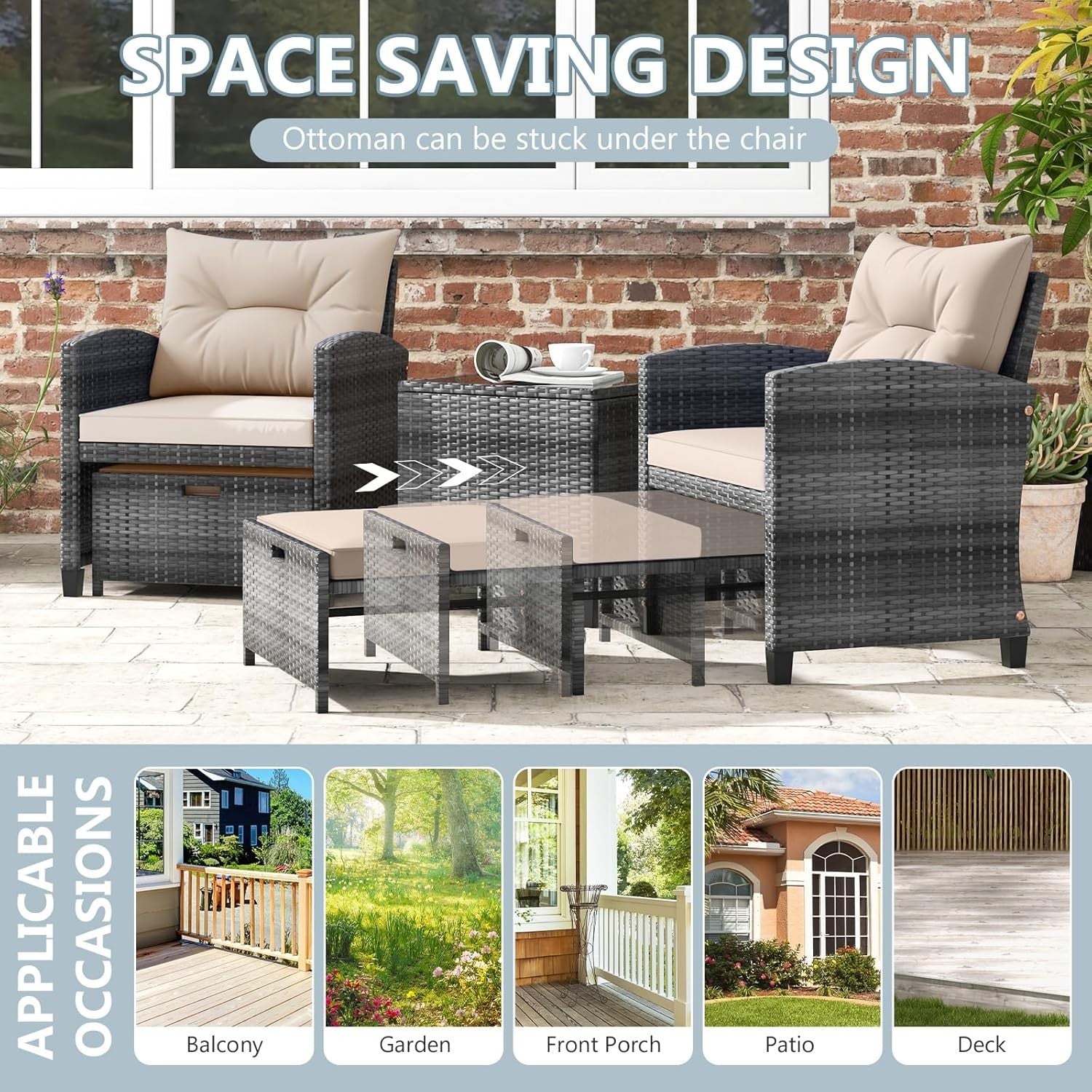 5 Piece Rattan Garden Sofa Set with Removable Cushions Patio Conversation