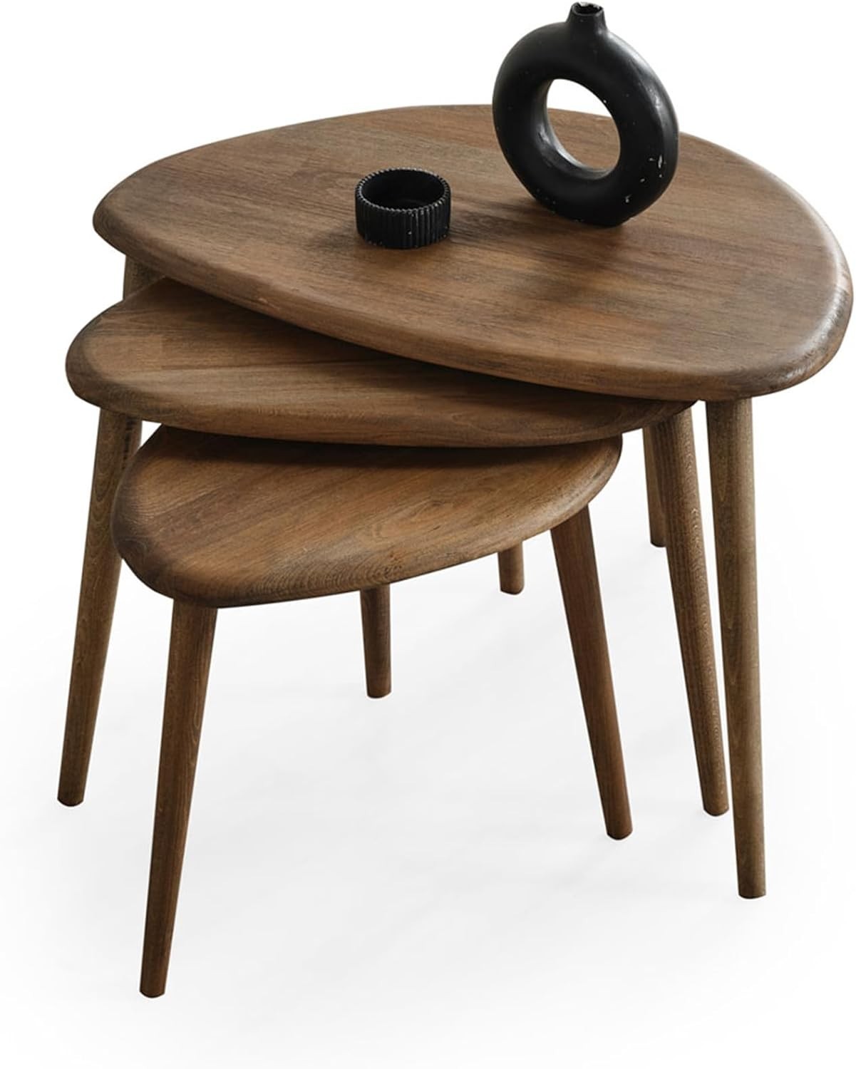 3 Pcs Nesting Coffee Table Set Mid-Century Modern Wood Walnut Oval Side End