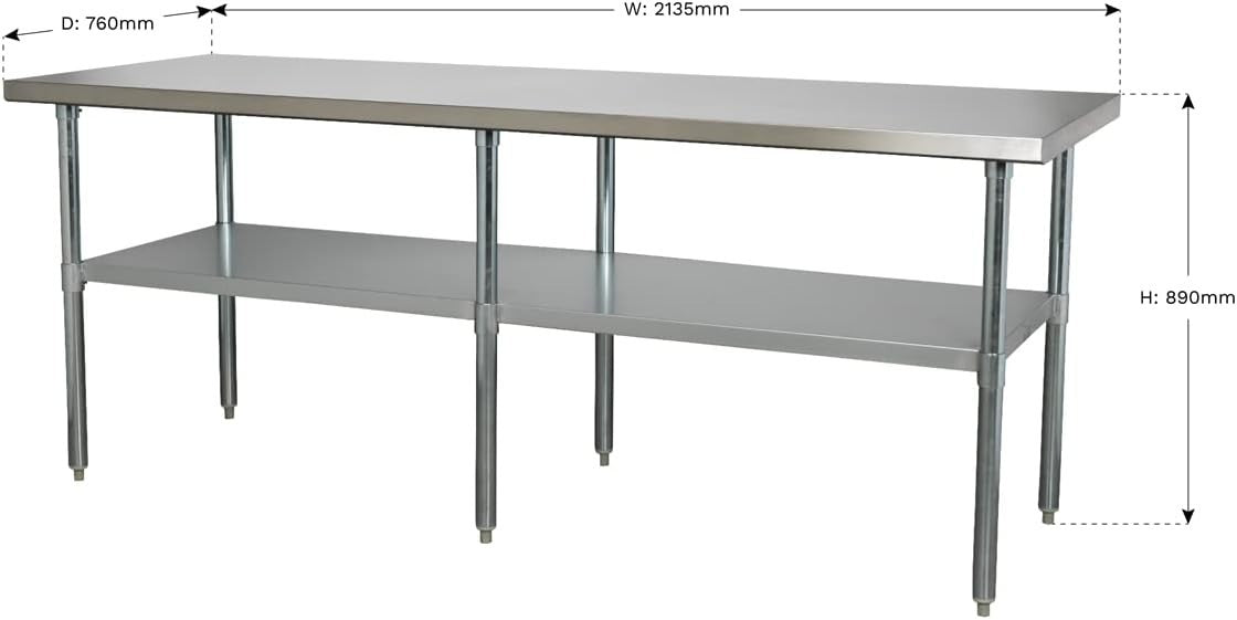 Stainless Steel Workbench 2.1m Adjustable Shelf 170kg Capacity Heavy Duty