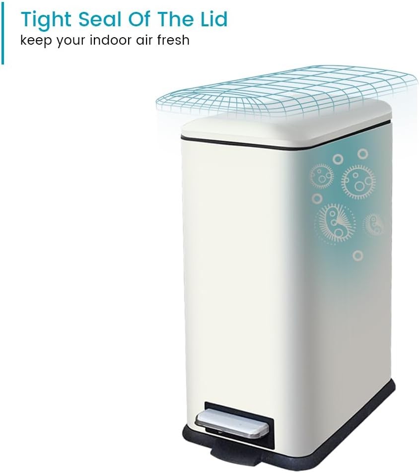 45L White Stainless Steel Pedal Bin Slim Kitchen Soft Close Lid