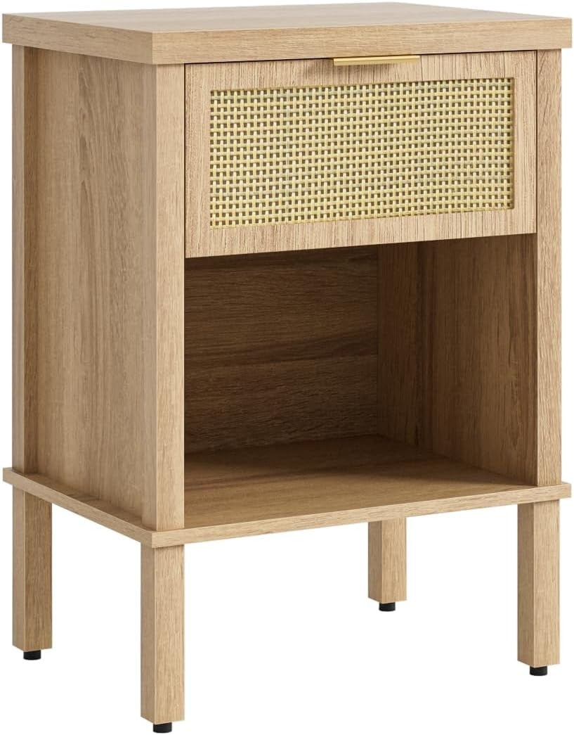 Rattan Wood Bedside Table with Drawer & Shelf – Boho Oak Nightstand
