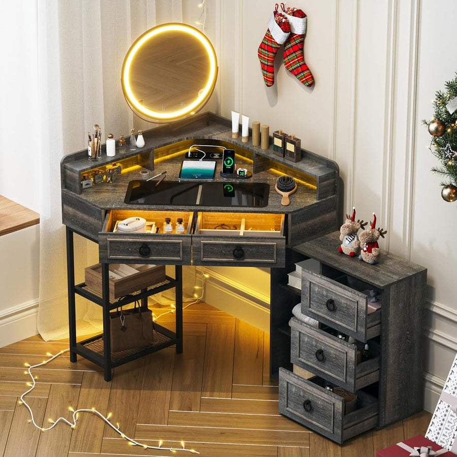 Large Rustic Dressing Table Makeup Vanity LED Light Mirror 5 Drawers Storage