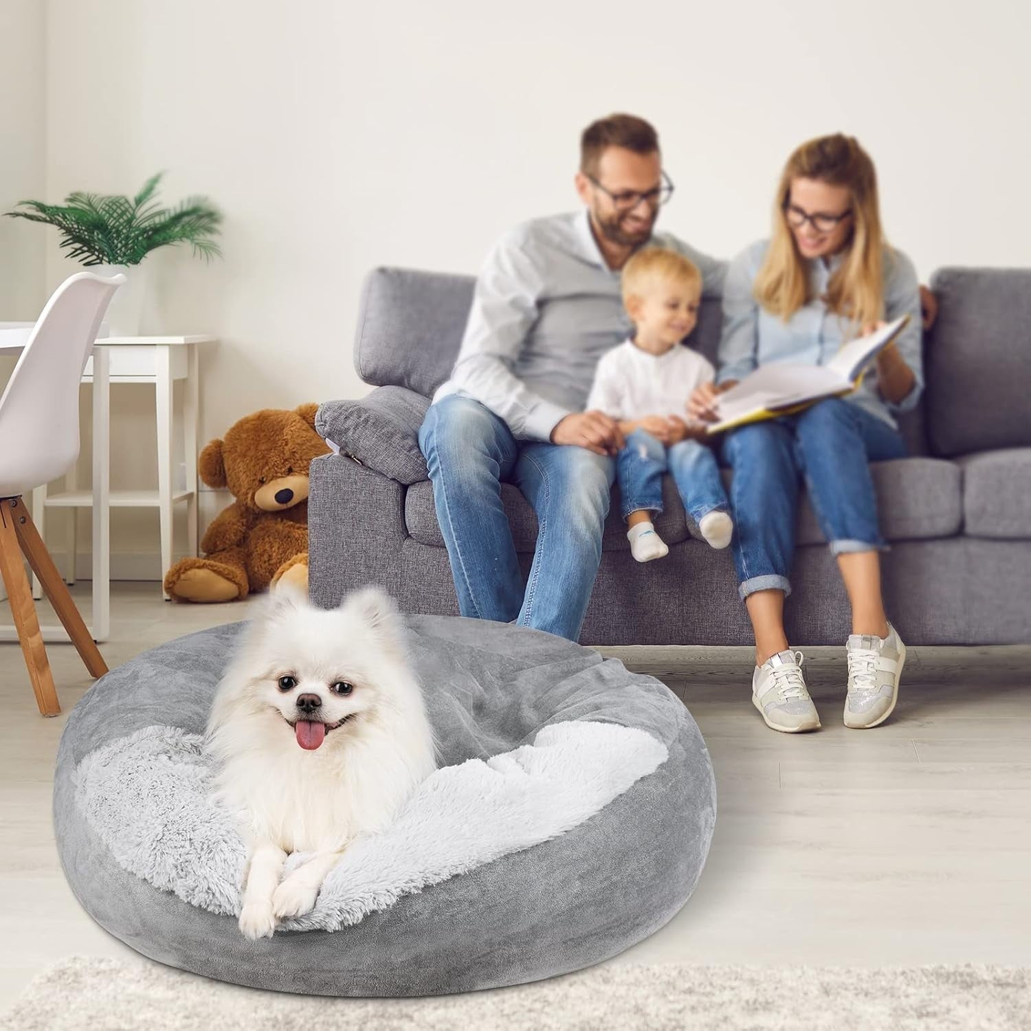 Medium Donut Dog Bed 70x70x20cm Hooded Faux Fur