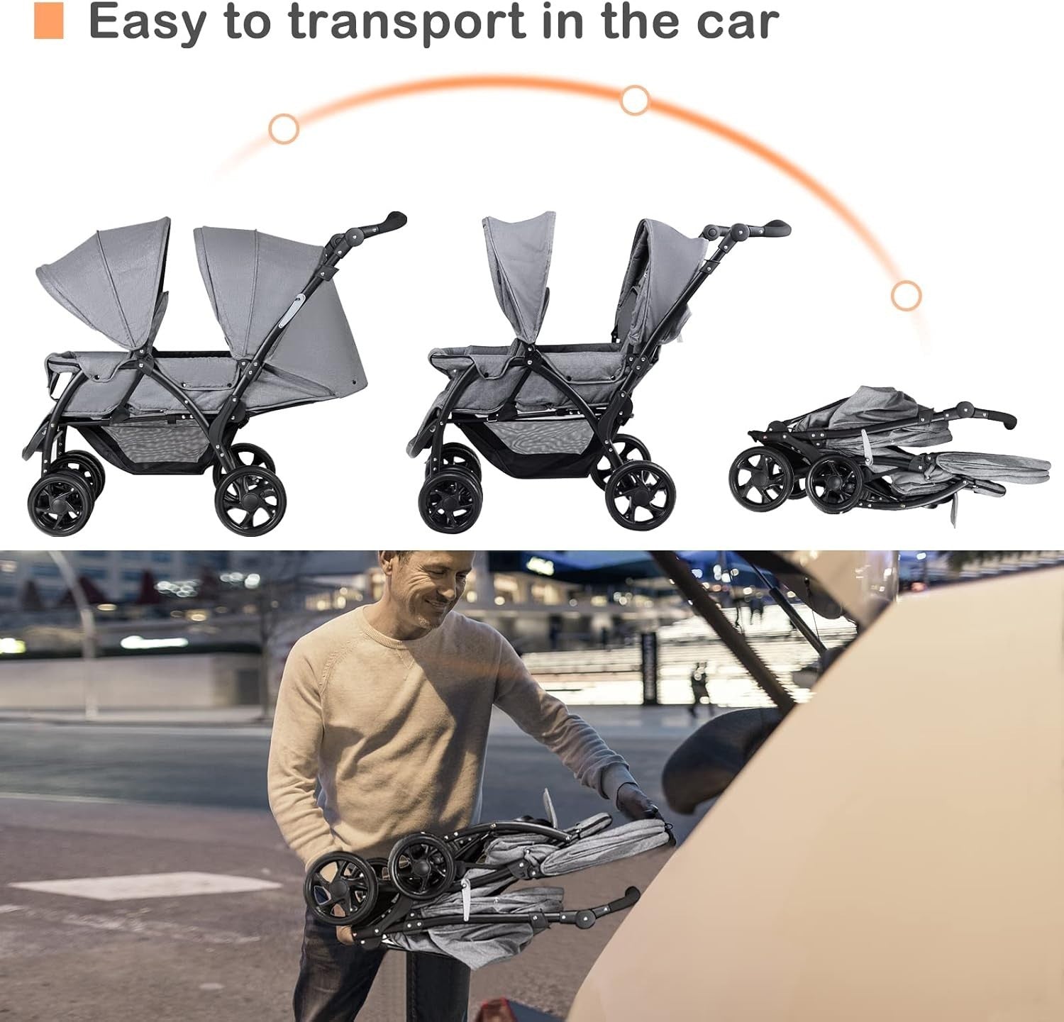 Double Baby Stroller Tandem Pushchair Adjustable Handle Foldable 30kg