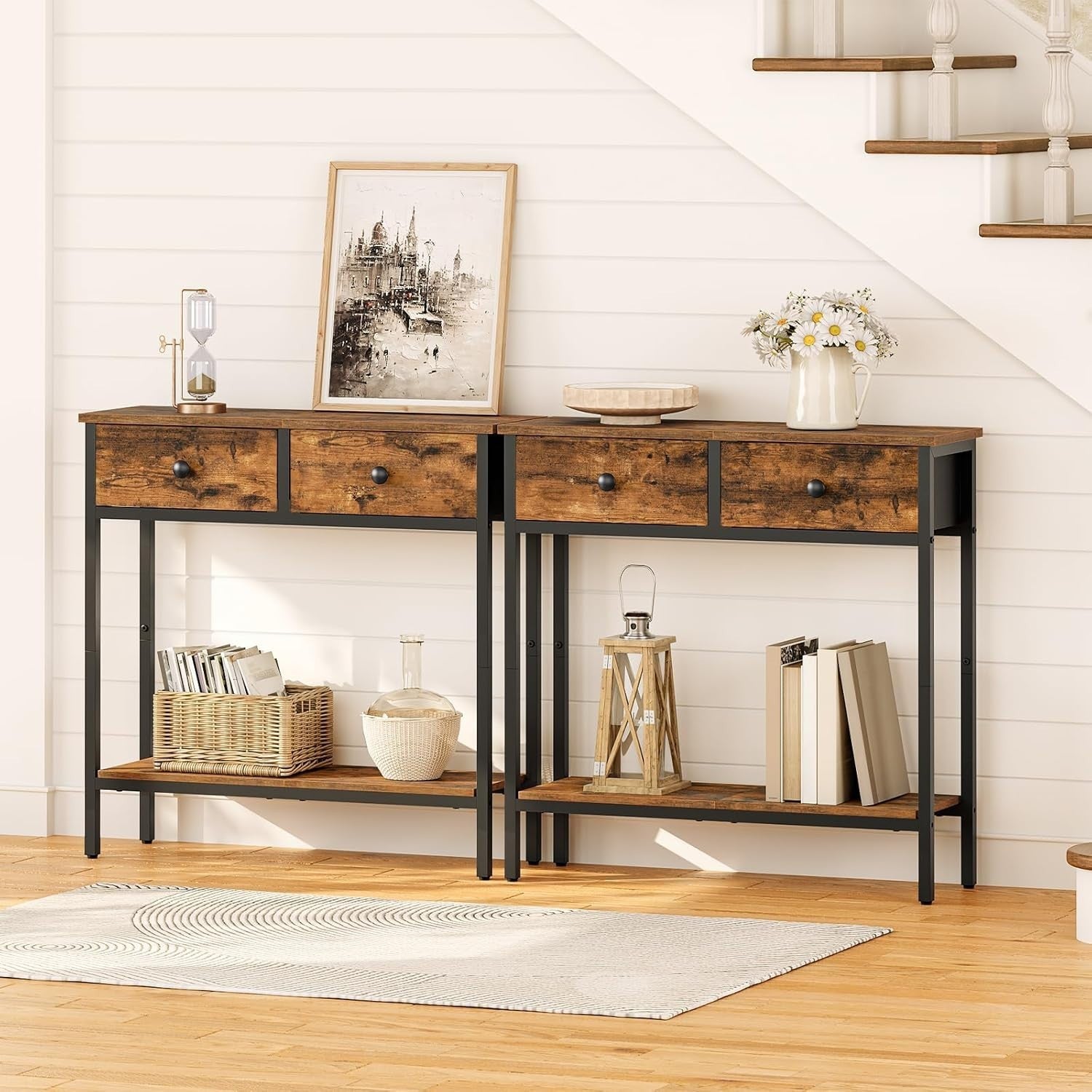 Slim Console Table with Storage Drawers & Shelf, Industrial Rustic Look