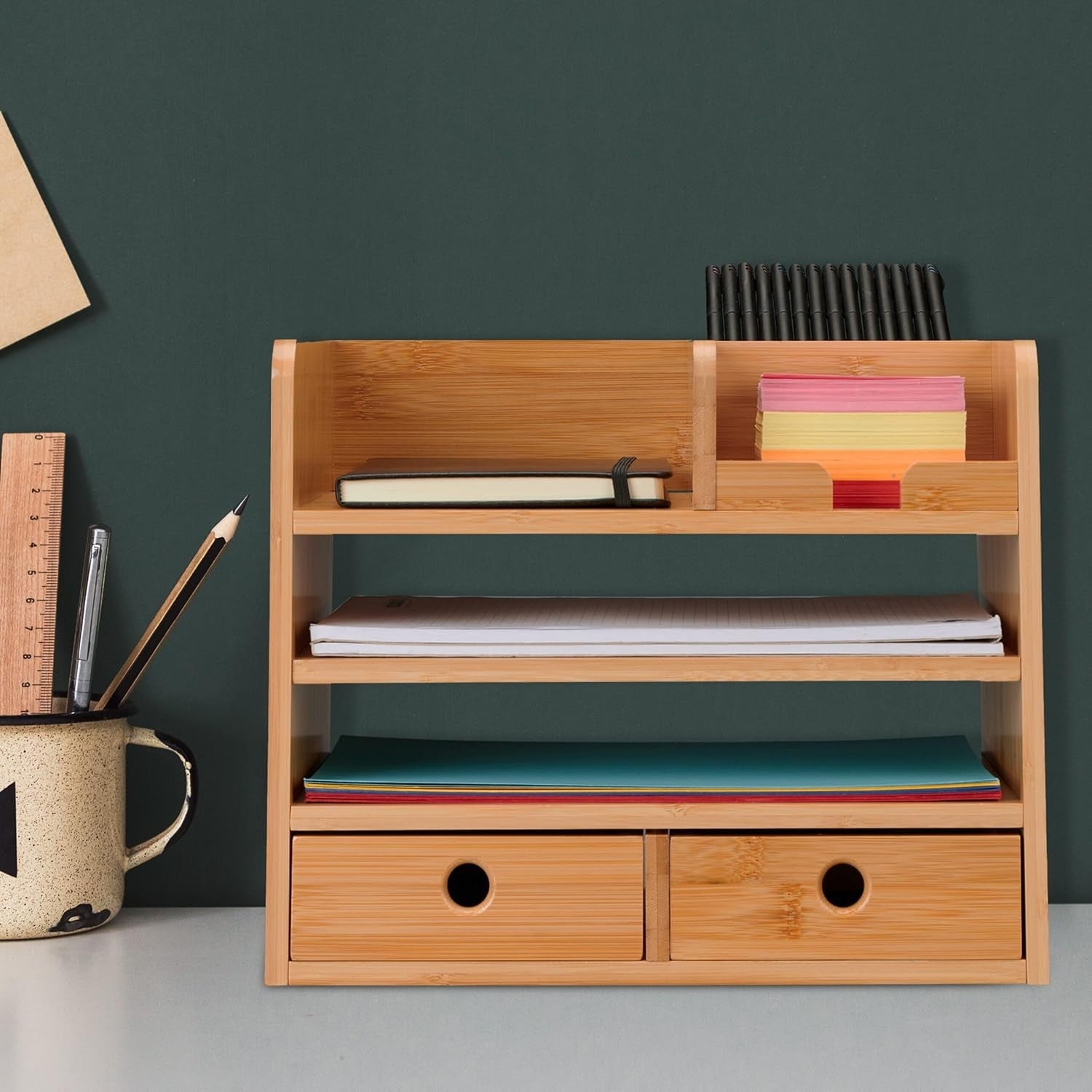 Bamboo Desk Organizer with 2 Drawers & 5 Compartments 33x24x26.5cm