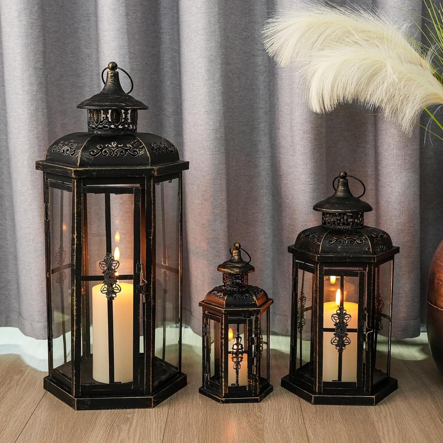 3 Pack Metal Candle Lanterns Indoor Outdoor Black Gold
