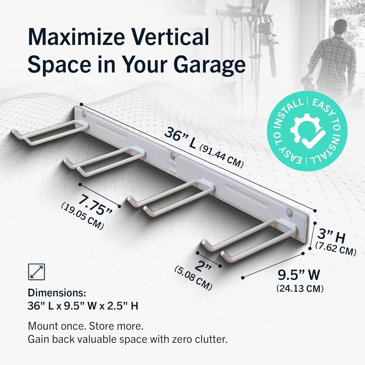 Wall-Mounted Garage Tool Rack 4 Hooks Heavy Duty Steel Grey 91x24cm