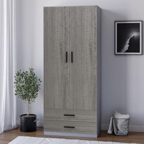 Grey 2 Door Wardrobe With Drawers & Rail | Tall Bedroom Storage Unit