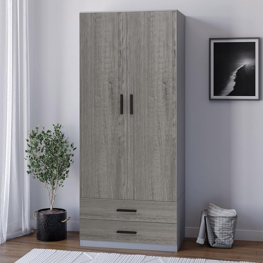 Grey 2 Door Wardrobe With Drawers & Rail | Tall Bedroom Storage Unit