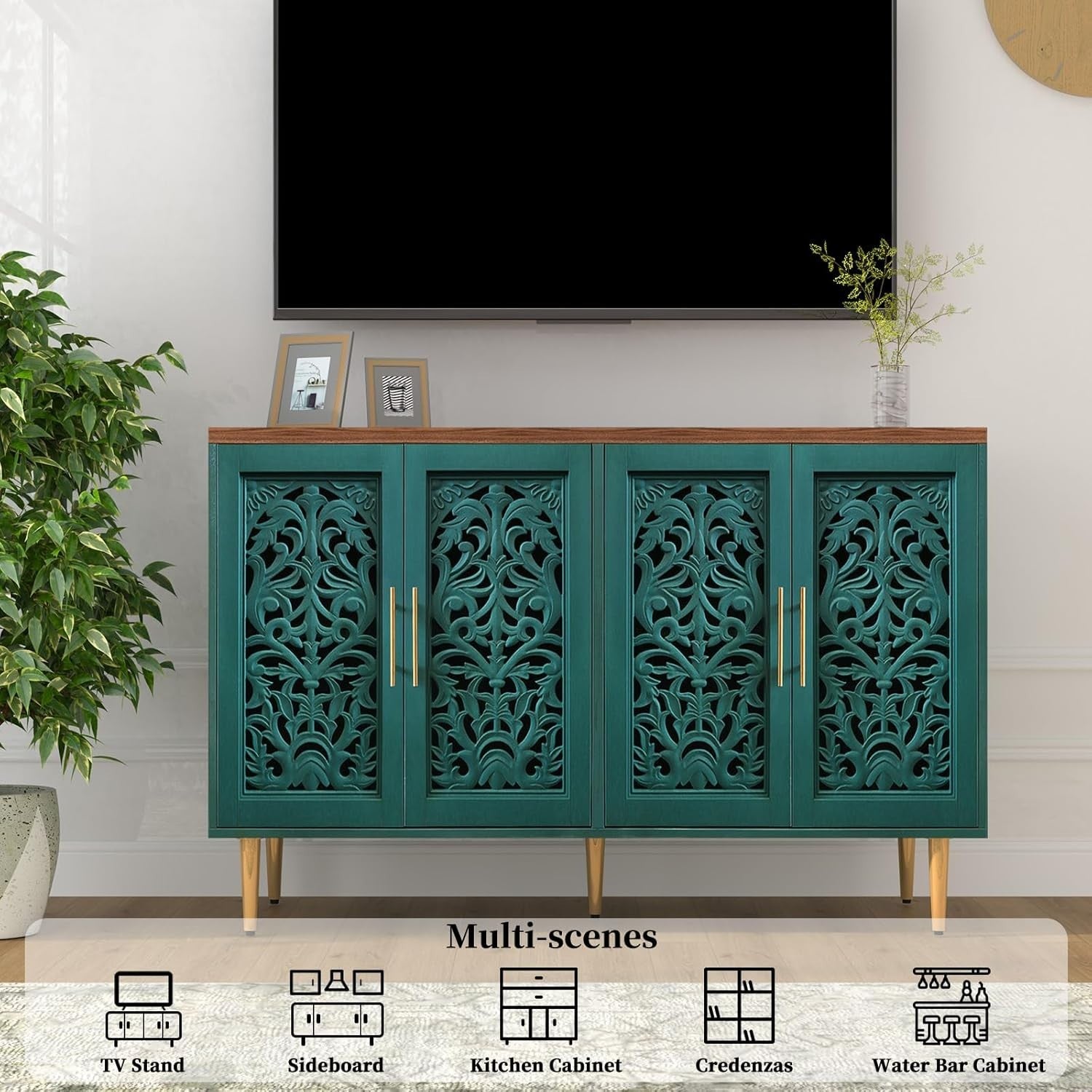 Vintage Green Sideboard Cabinet 4 Doors Hollow Carved Buffet Storage Unit