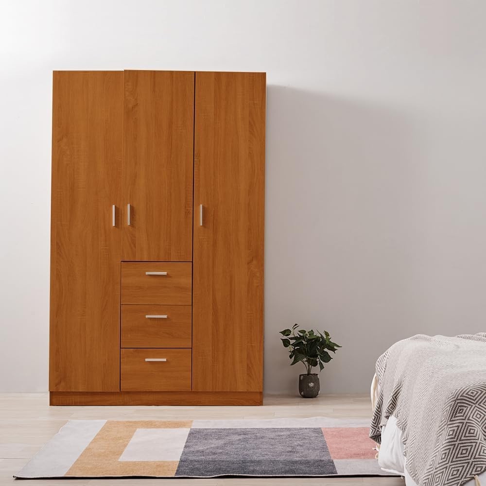 Large Oak Effect 3-Door Wardrobe with 3 Drawers & Hanging Rail Storage