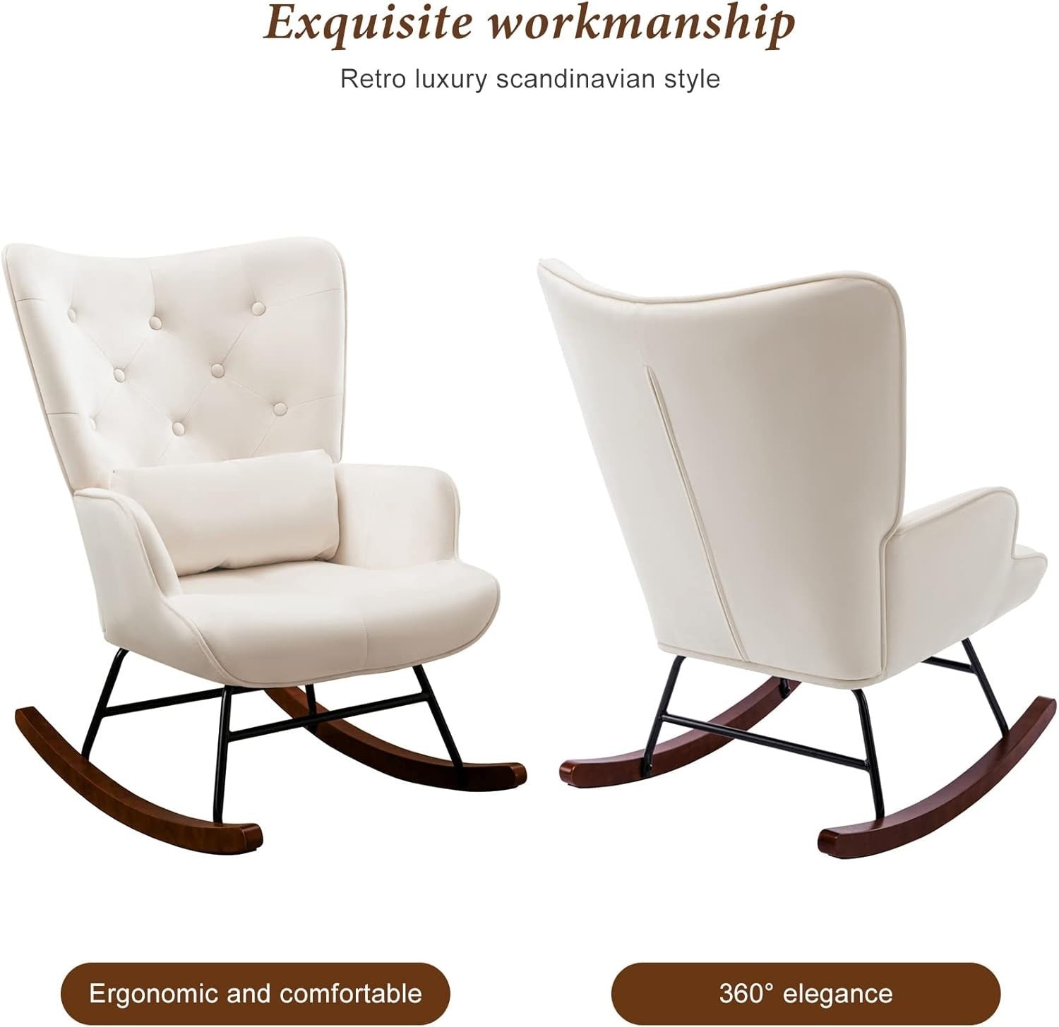 Velvet Rocking Chair for Nursery & Living Room – Soft Cushions, Wood Legs