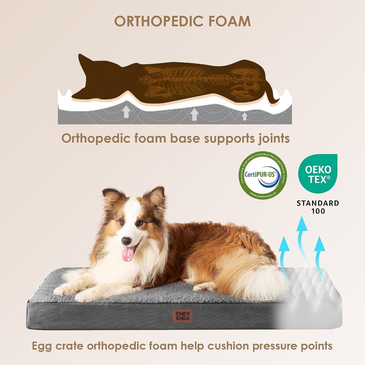 XXL Orthopedic Dog Bed Mattress 120x74x9cm Egg Crate Foam Grey Crate Mat