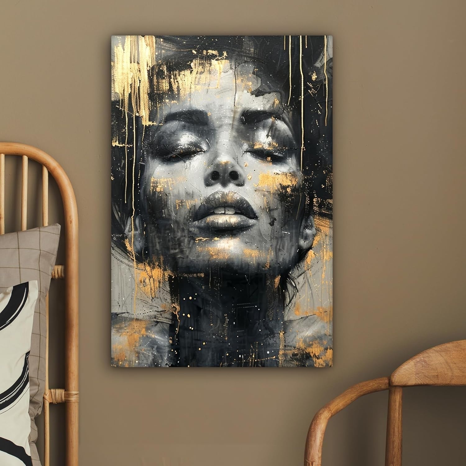 Large Abstract Woman Canvas Wall Art Gold Black 60x90cm Framed