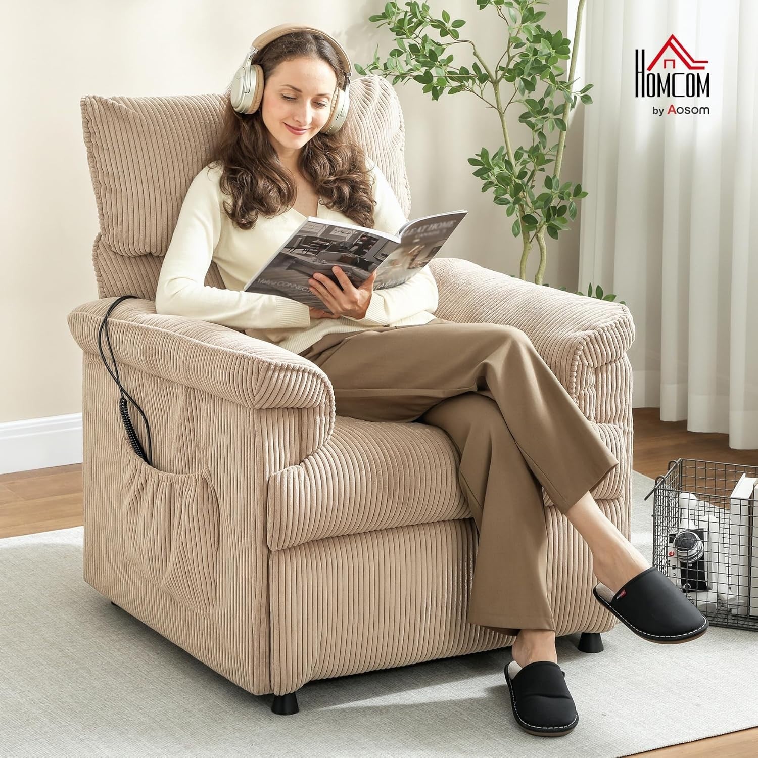 Electric Massage Recliner Chair Heat USB Corduroy Power Recliner Brown