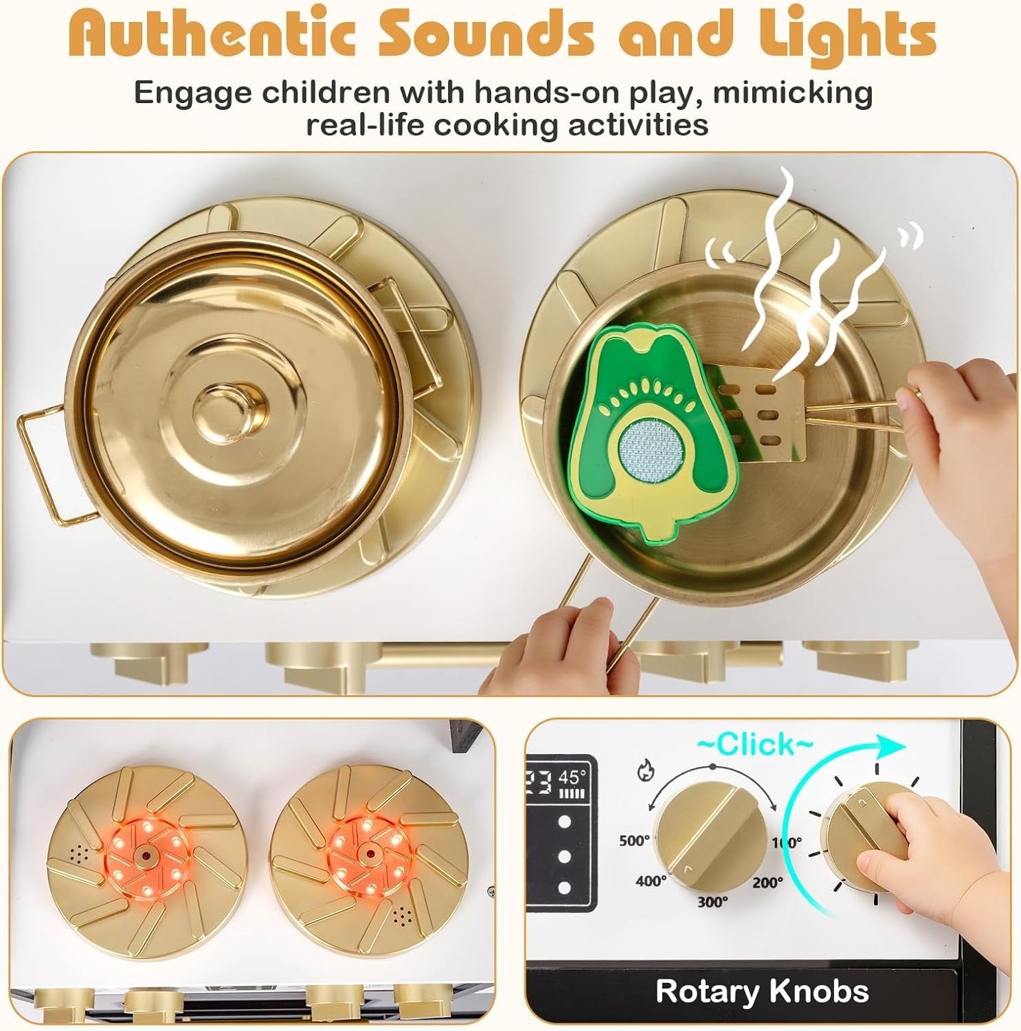 Luxury Kids Wooden Play Kitchen Lights Sounds Ice Maker Black Set