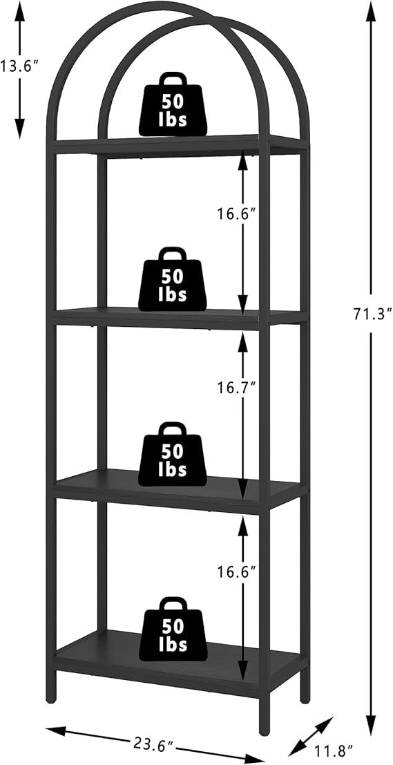 Tall Arched Bookshelf 4-Tier Industrial Metal Display Unit for Living Room