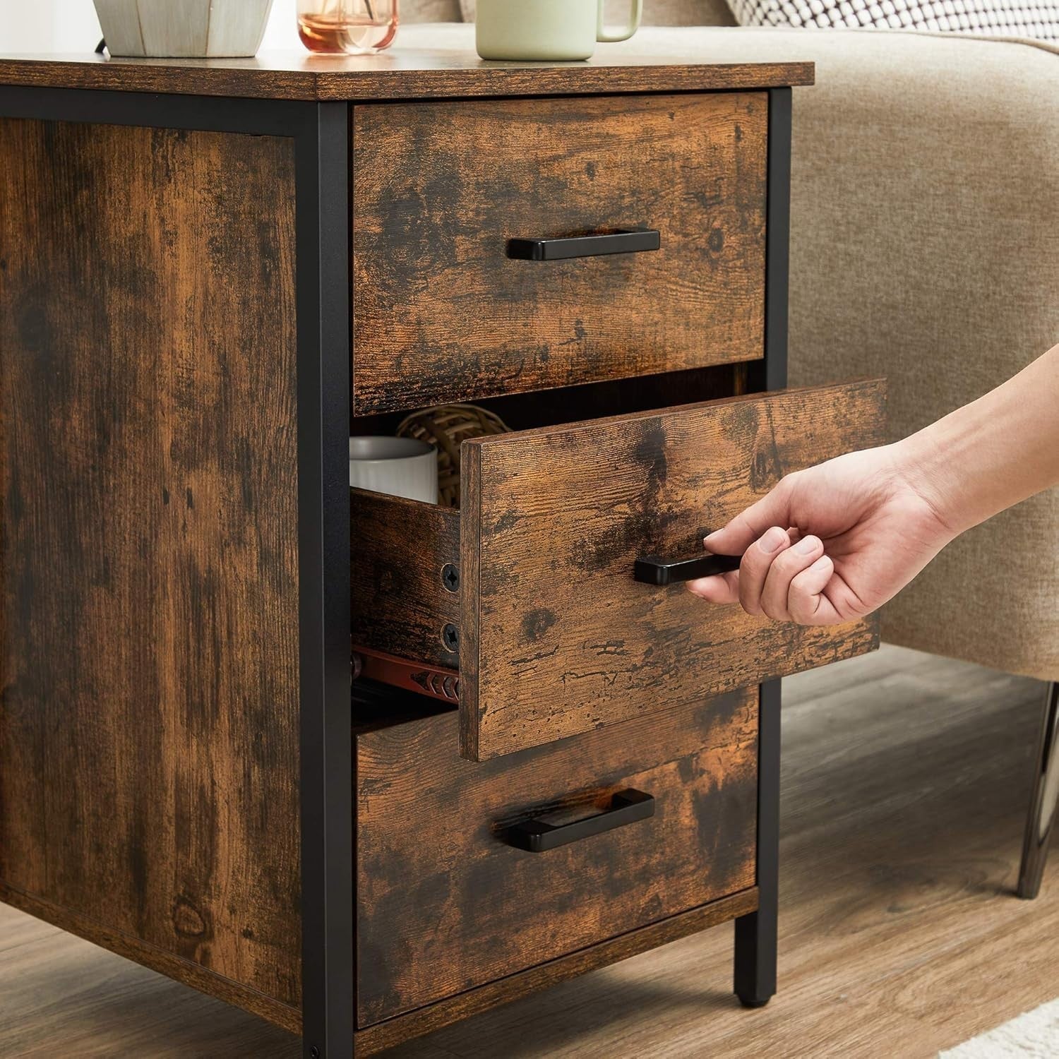 Rustic Industrial Bedside Table with 3 Drawers – Brown & Black Wood Nightstand