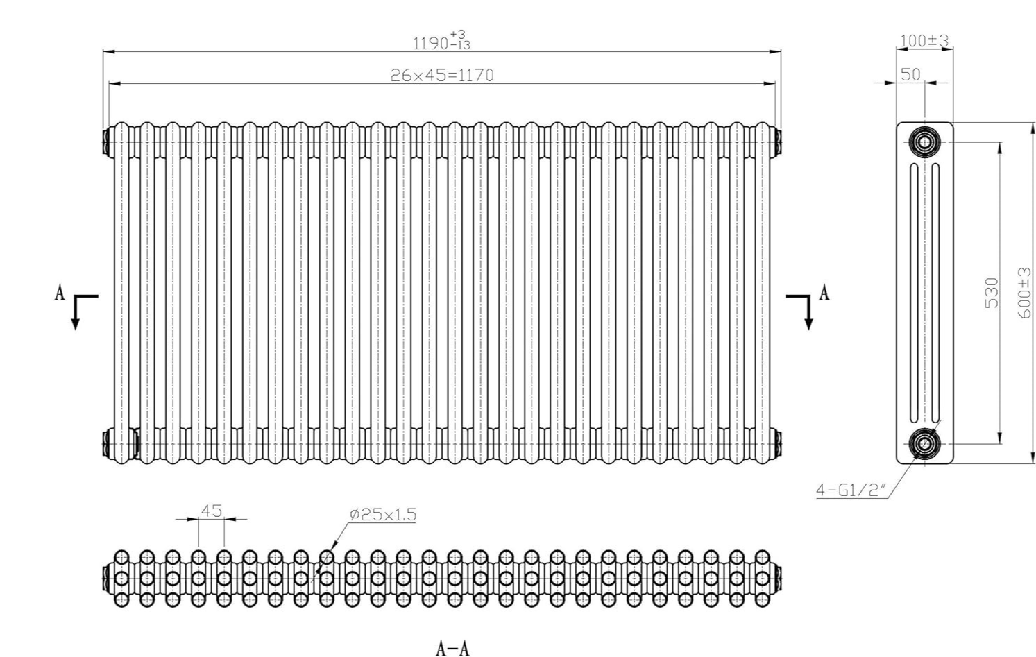 White Triple Column Horizontal Radiator 600x1190mm High Heat Output