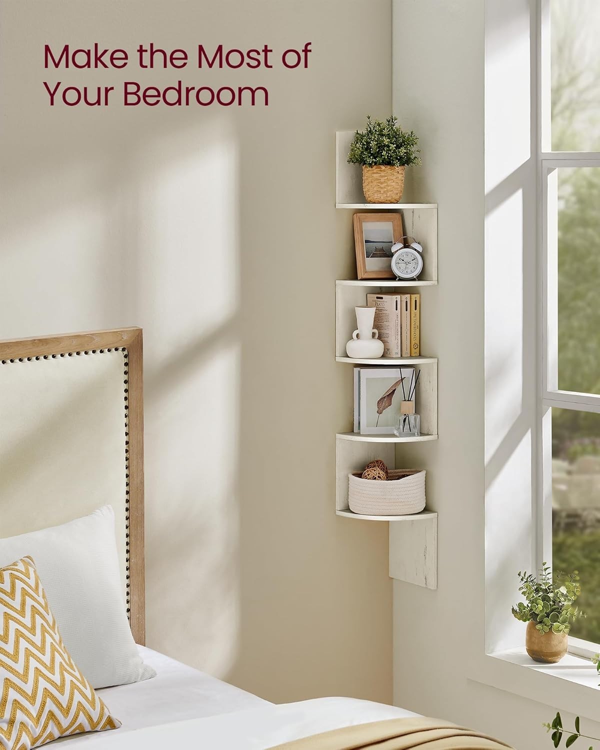 5 Tier Corner Wall Shelf Rustic White Floating Zigzag Display Unit 126cm