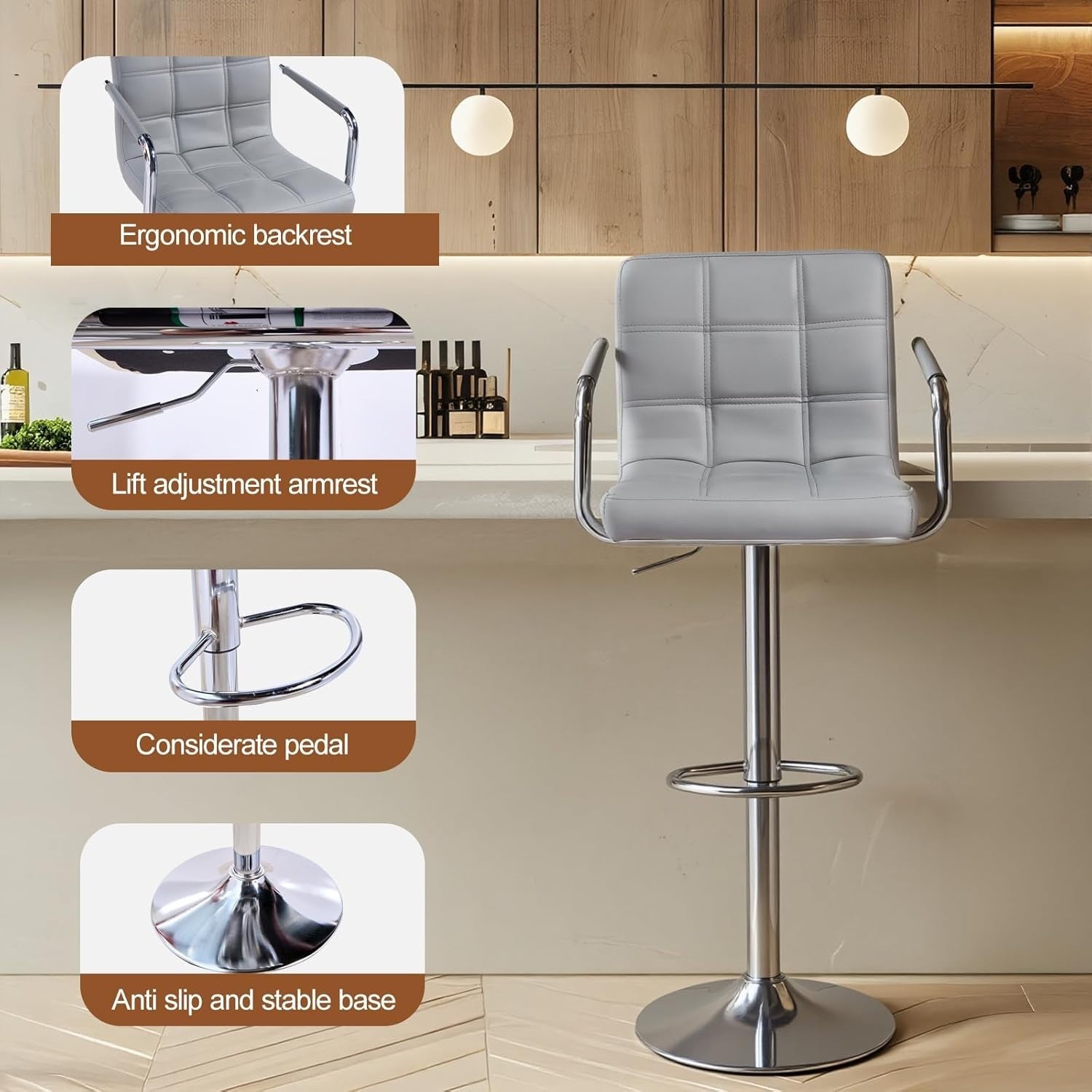 Grey PU Leather Bar Stool Adjustable Height 360° Swivel with Armrest