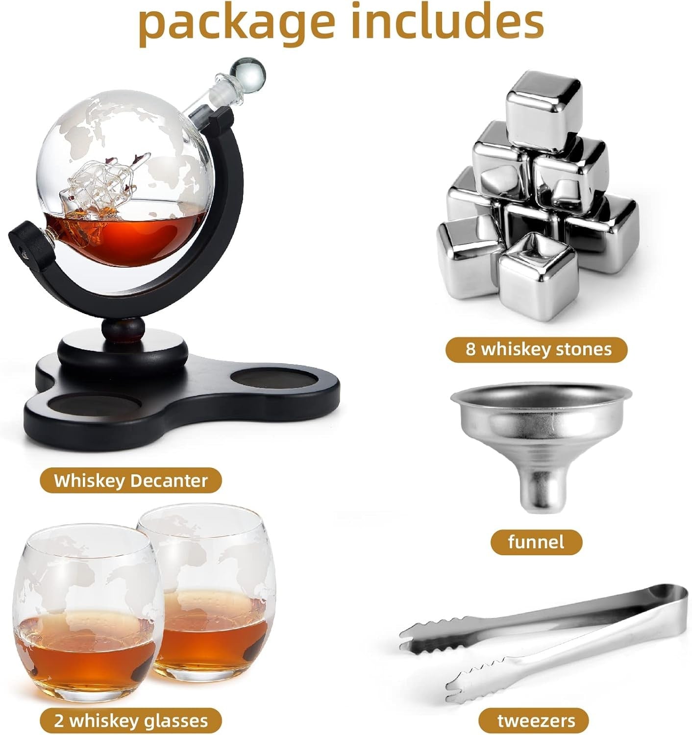 Luxury Globe Whiskey Decanter Set 850ml Glass with 2 Tumblers & Ice Stones