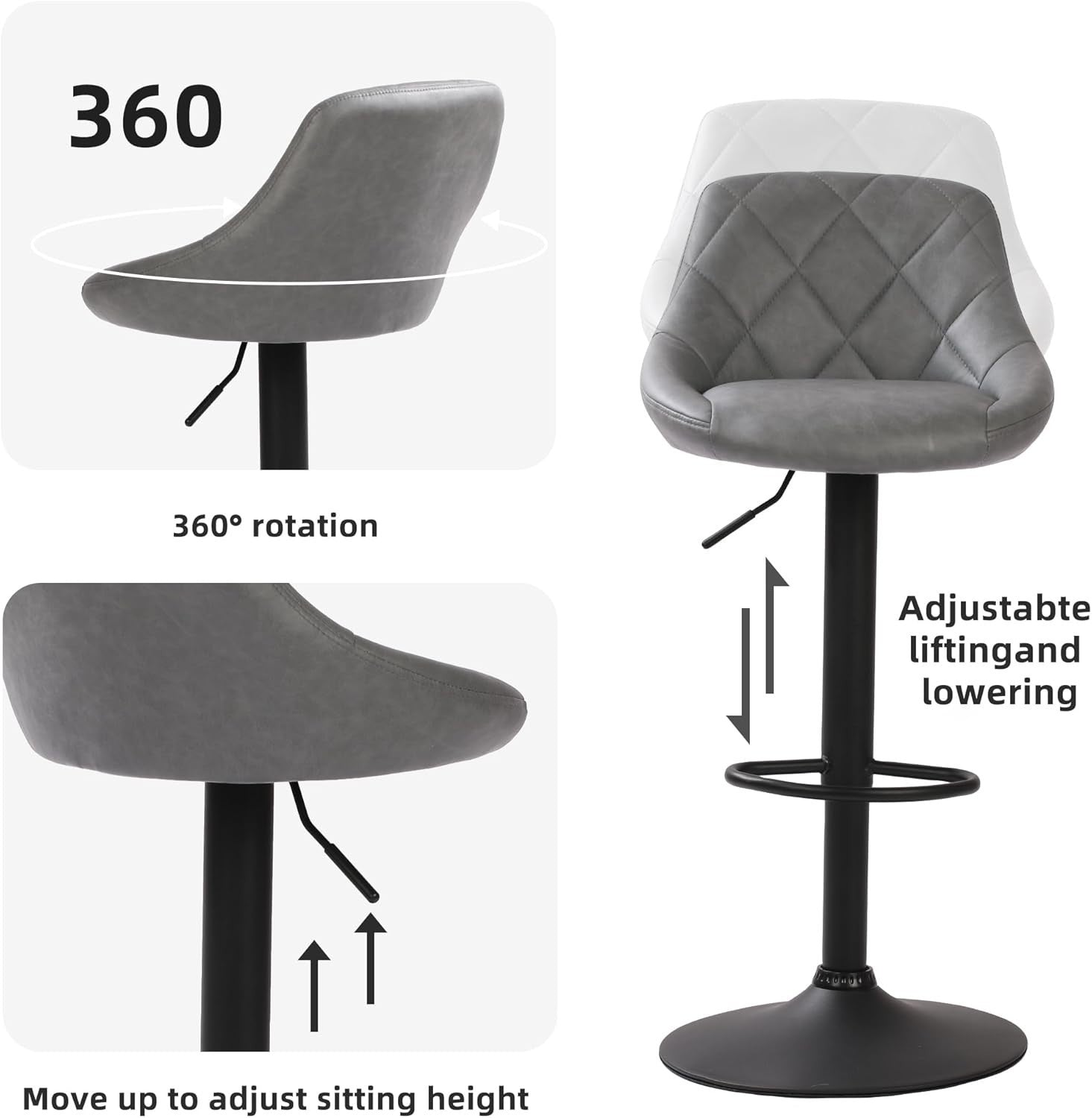 Adjustable Modern PU Leather Bar Stools with Footrest – Grey