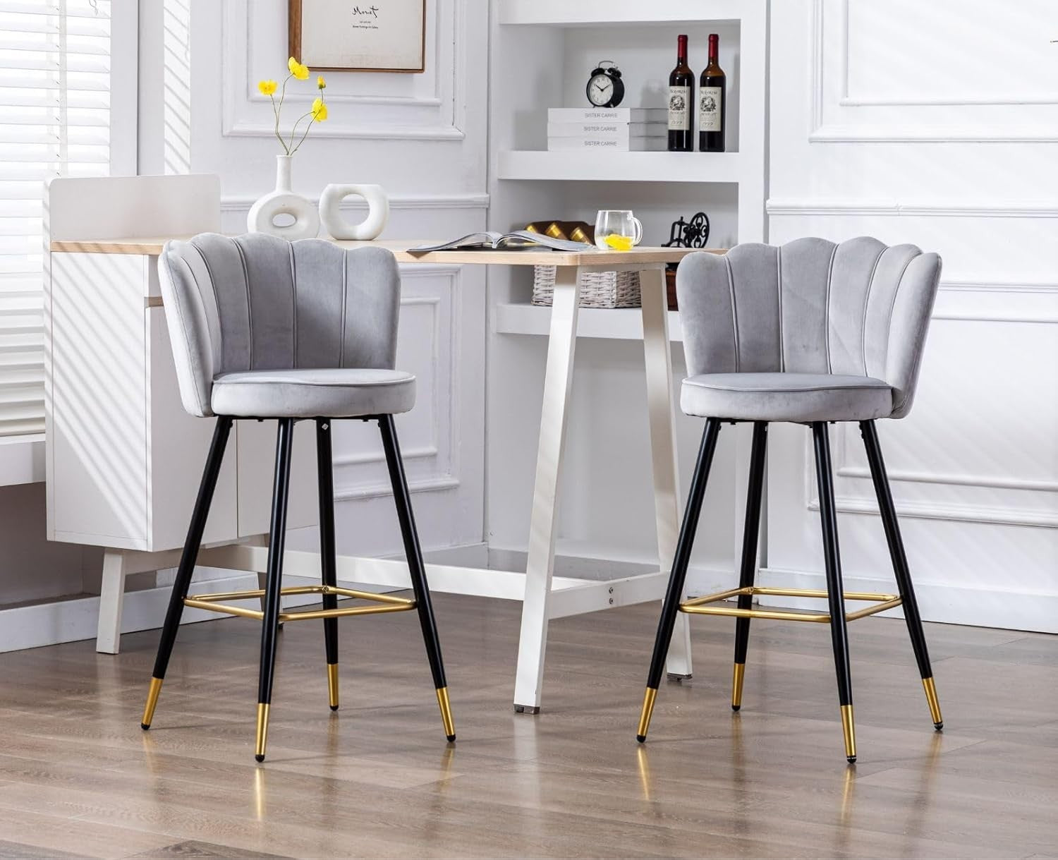 Gray Velvet Bar Stools Set of 2 – Kitchen Counter Chairs