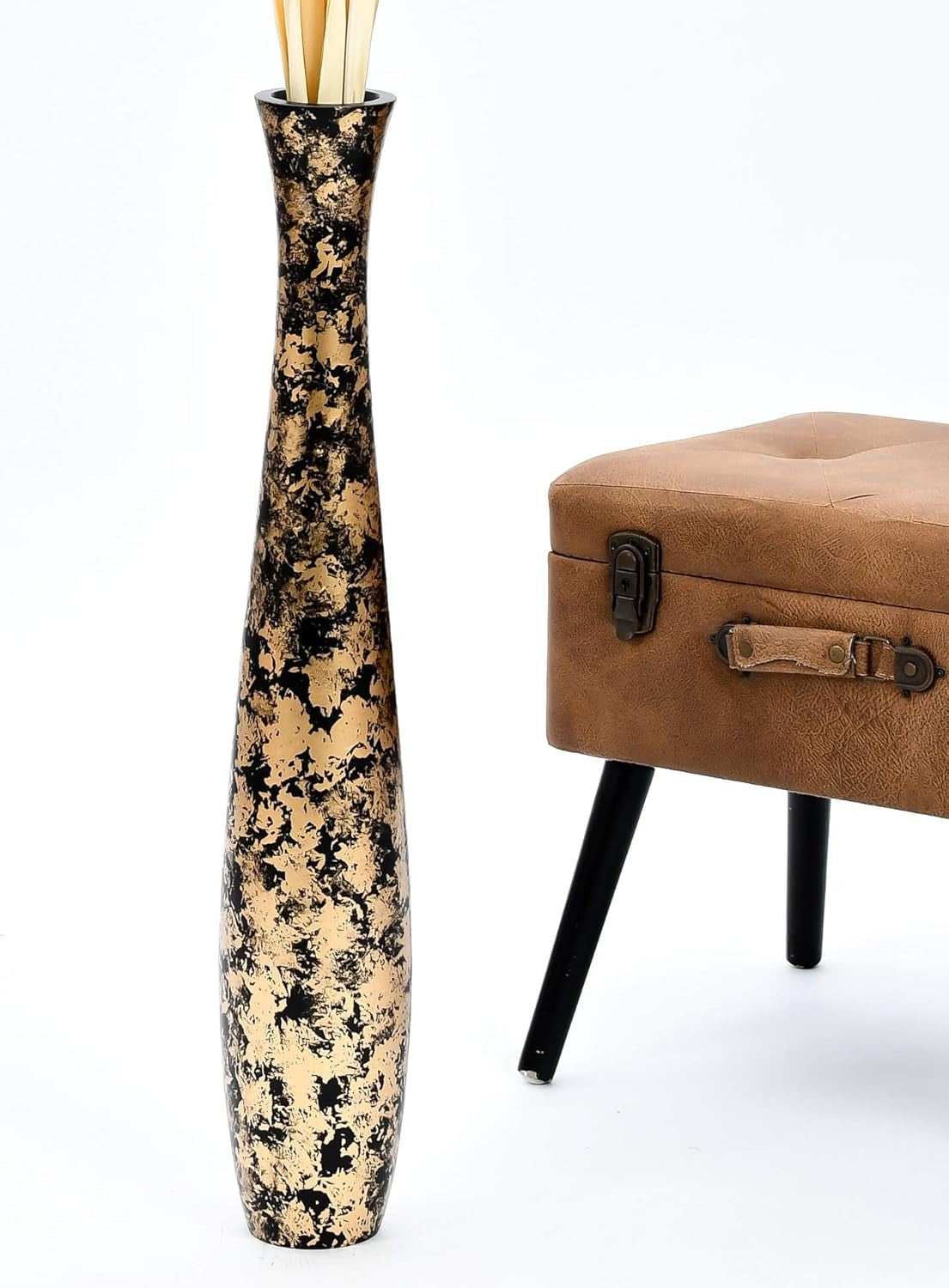 Gold Black Floor Vase 65cm Tall Wooden Decor for Pampas Grass