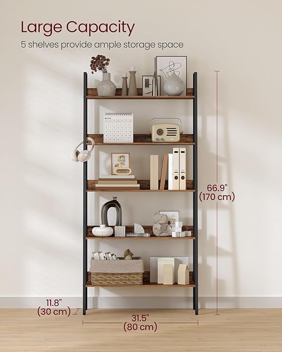 5-Tier Industrial Ladder Shelf Bookcase Freestanding Rustic Brown Metal Frame