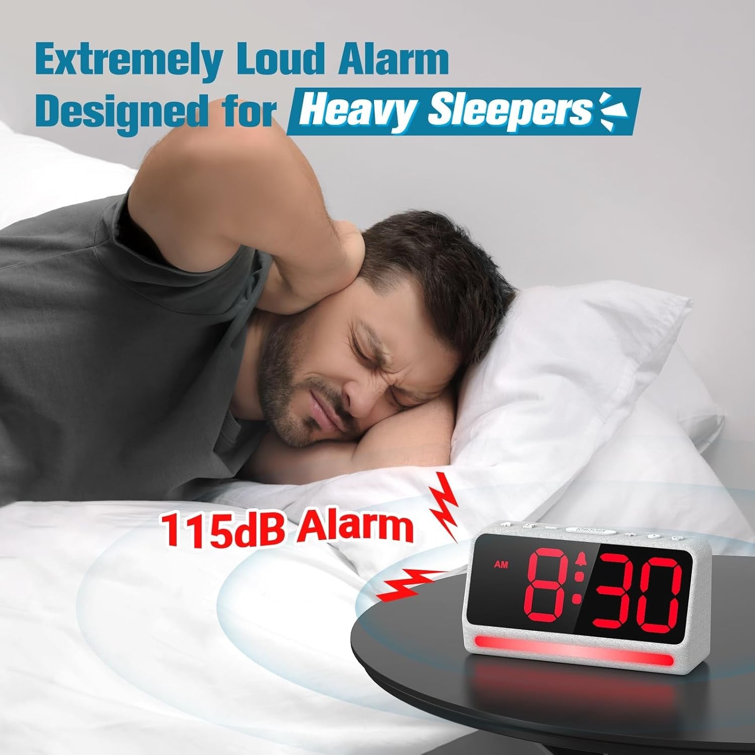 Extra Loud Alarm Clock Heavy Sleepers LED Display 7 Colour Night Light