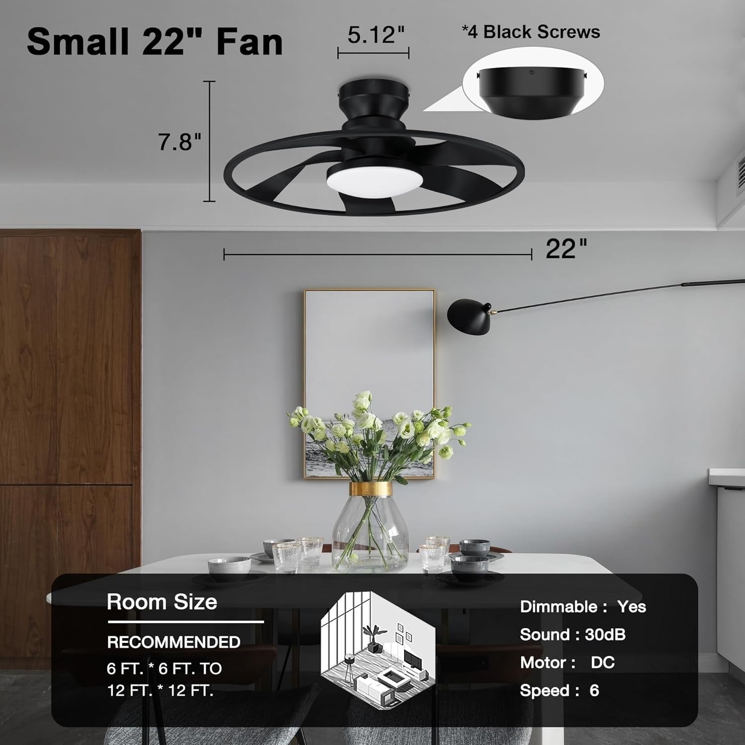 Hoenofly 22" Smart Ceiling Fan with Light, WiFi App Remote, Dimmable – Black