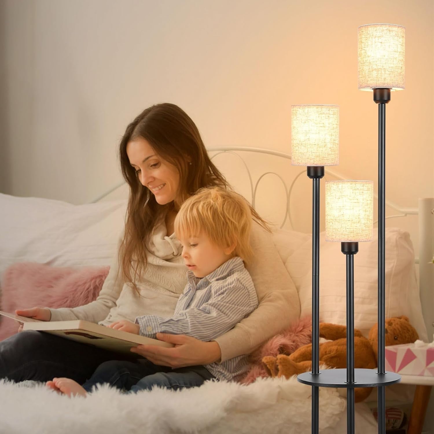 Industrial 3-Light Floor Lamp with Linen Shade, Shelves & Foot Switch