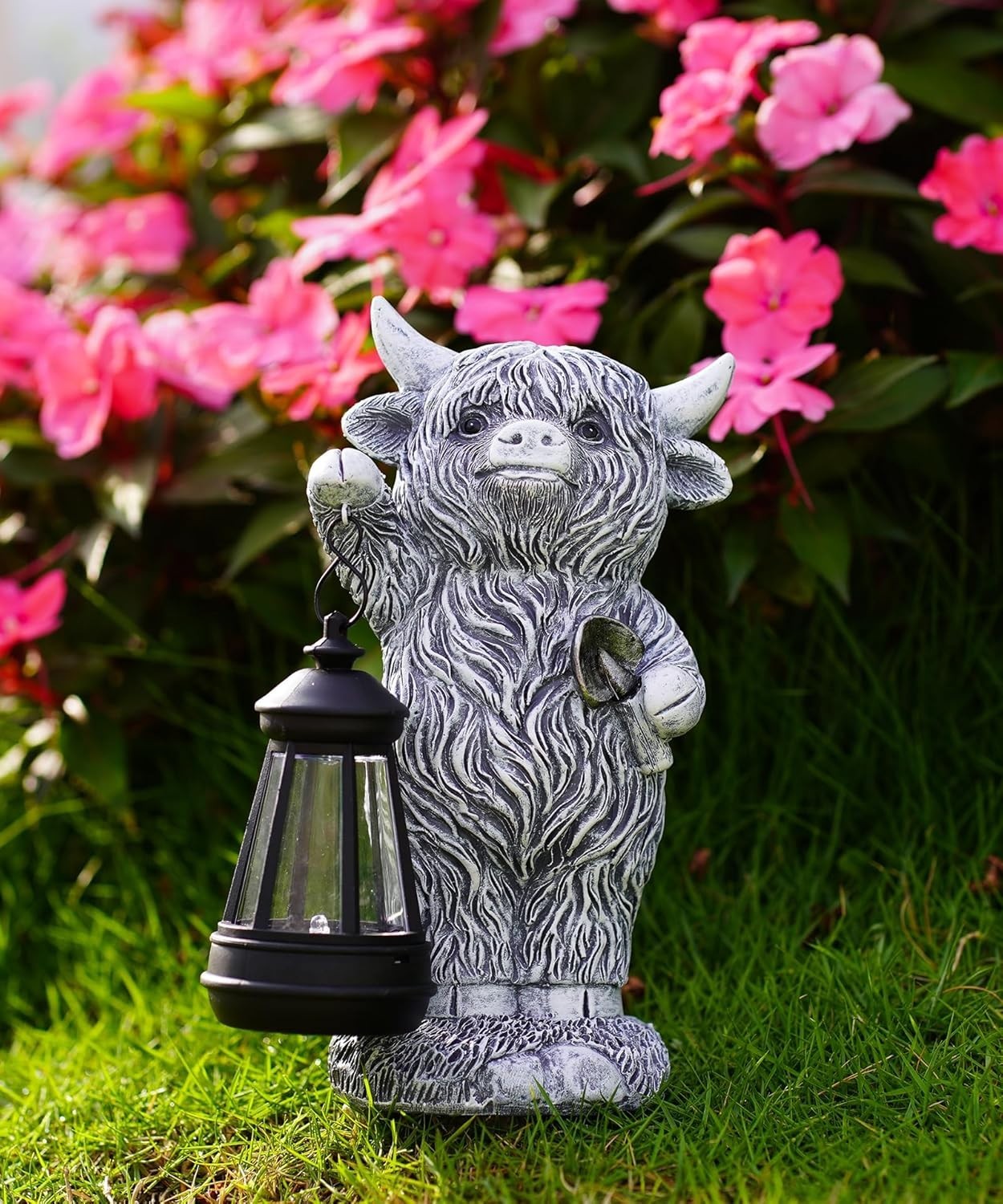 Solar Highland Cow Garden Ornament with Lantern | Outdoor Resin Statue Patio