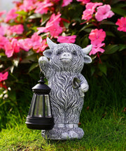 Solar Highland Cow Garden Ornament with Lantern | Outdoor Resin Statue Patio