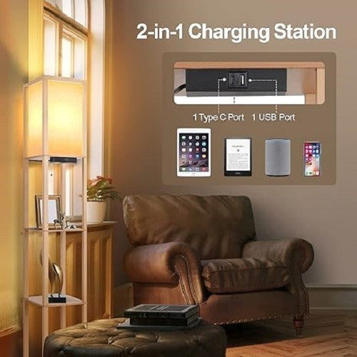 Floor Lamp with Shelves USB C Dimmable LED Wooden Standing Light