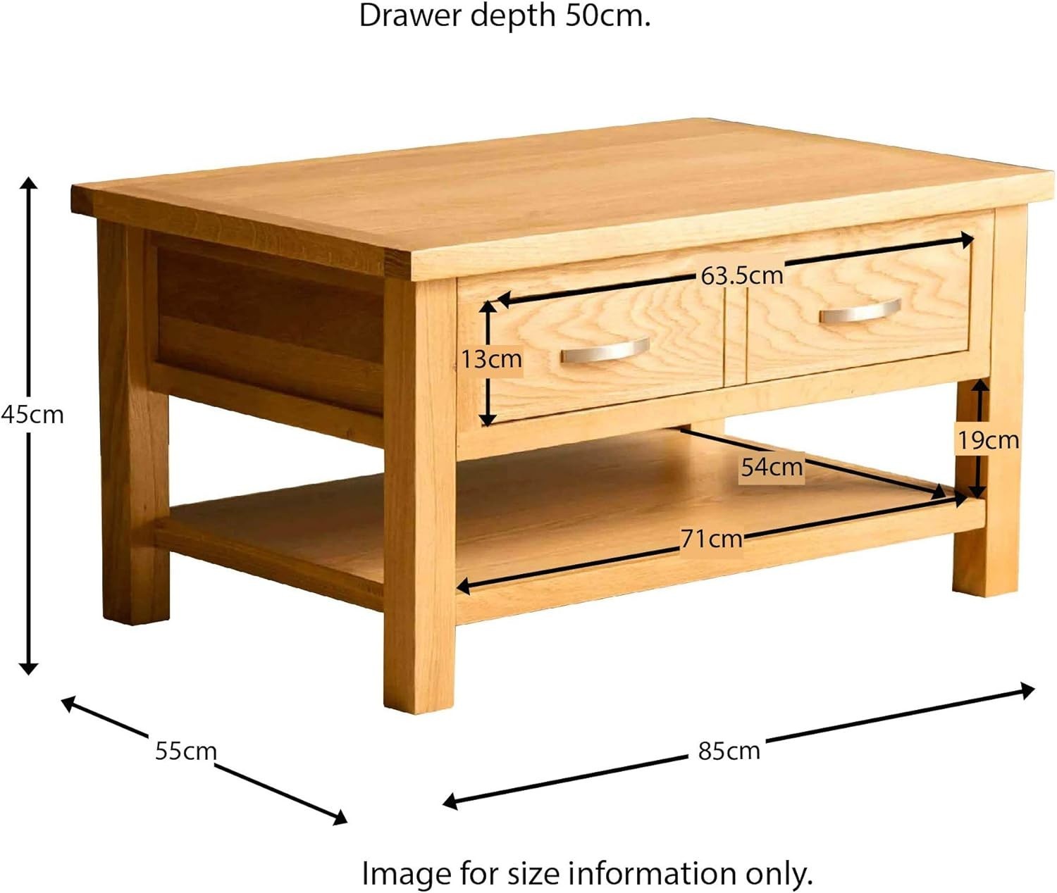 Solid Oak Coffee Table with Drawer & Shelf | Rustic Wood | 85x55cm Living Room