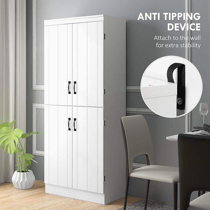 Tall White Kitchen Storage Cabinet with 4 Doors & Adjustable Shelves 176x40x60cm