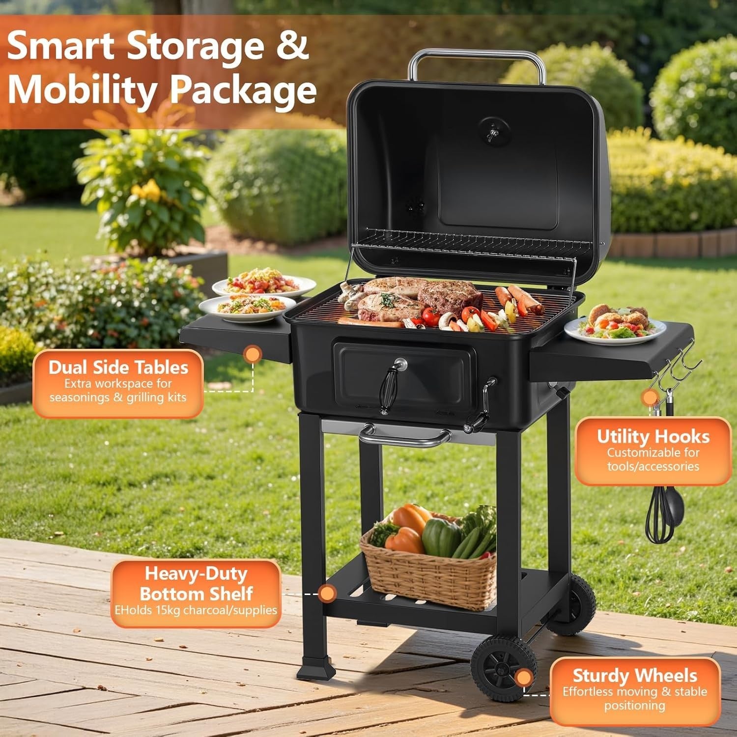 XL Charcoal BBQ Grill | Barrel Drum Smoker with Side Shelf & Warming Rack