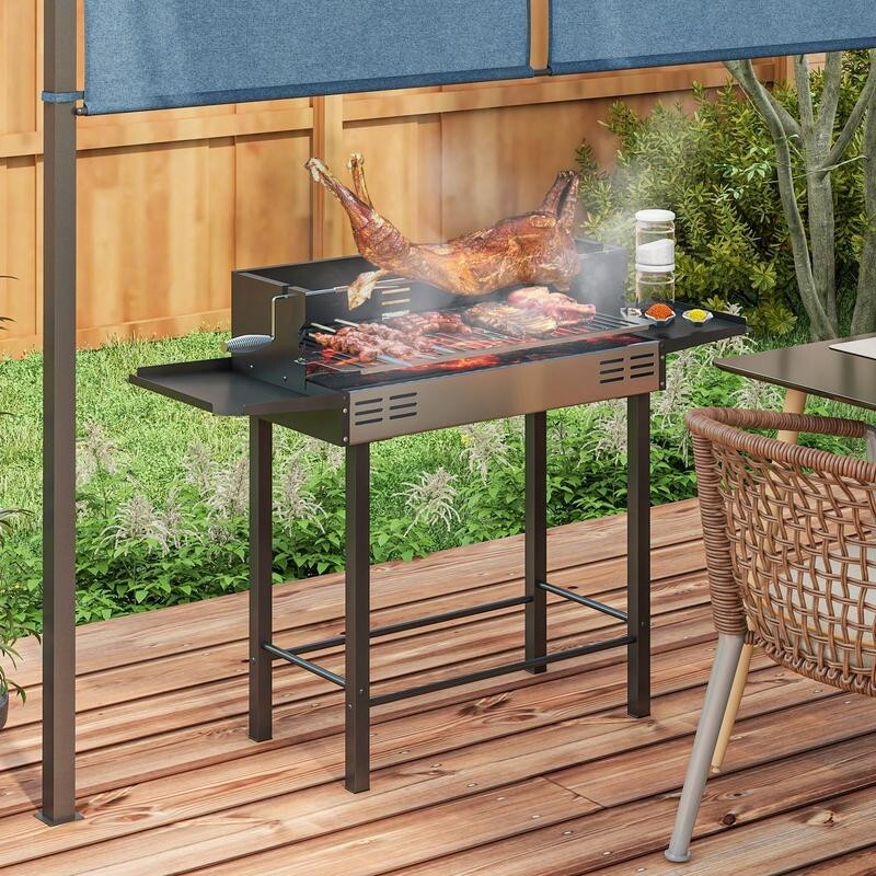 Double Charcoal BBQ Grill Trolley with Wheels, Side Table & Storage Rack