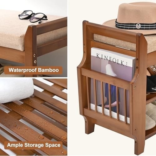 2 Tier Bamboo Shoe Bench with Cushion Hidden Drawer Entryway Storage Seat