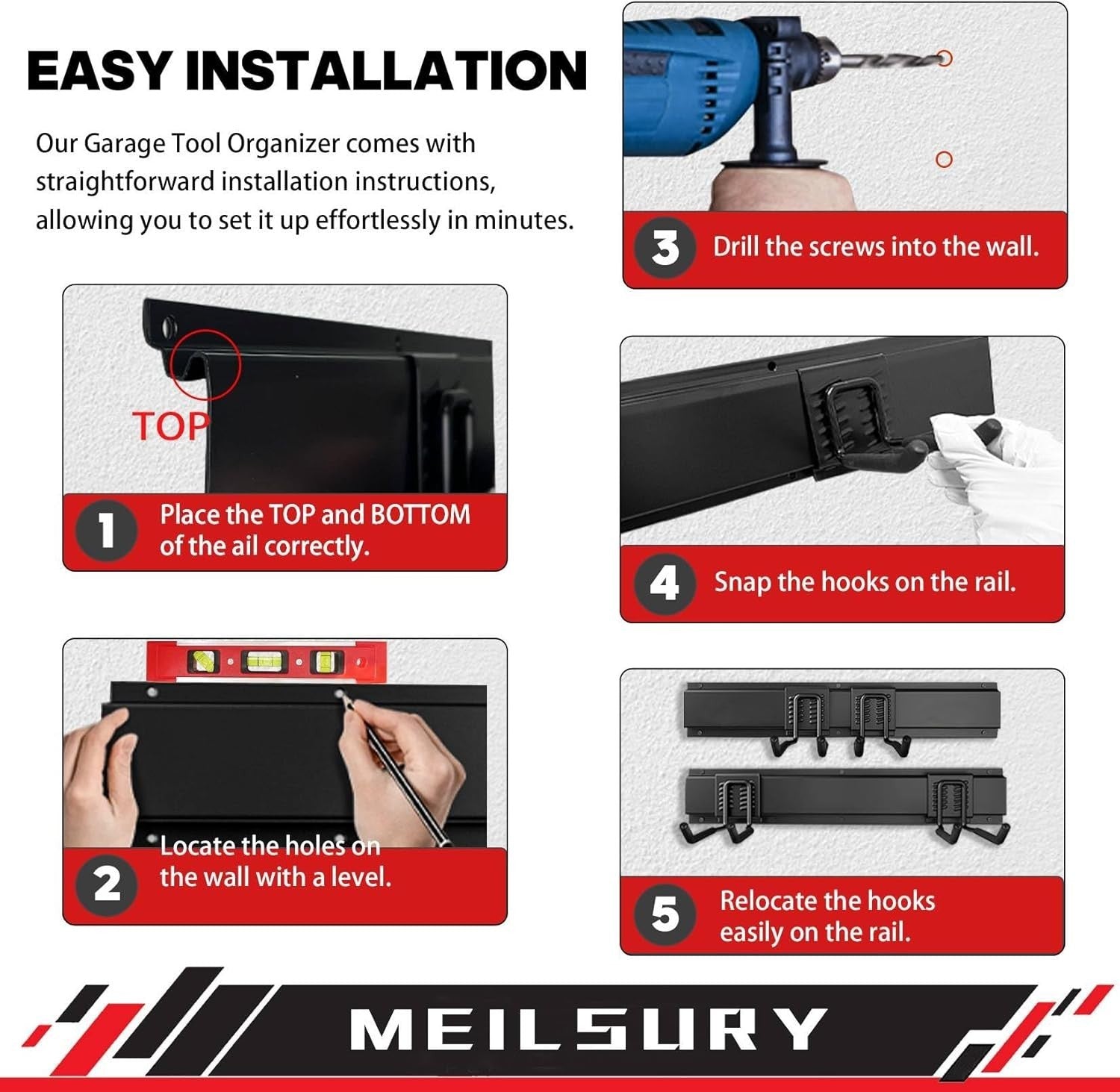 48 Inch Garage Tool Organizer Wall Mount Rack 7 Hooks Heavy Duty