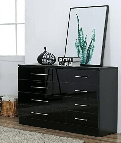 Black Gloss Chest 8 Drawers Bedroom Storage Cabinet Metal Handles Modern