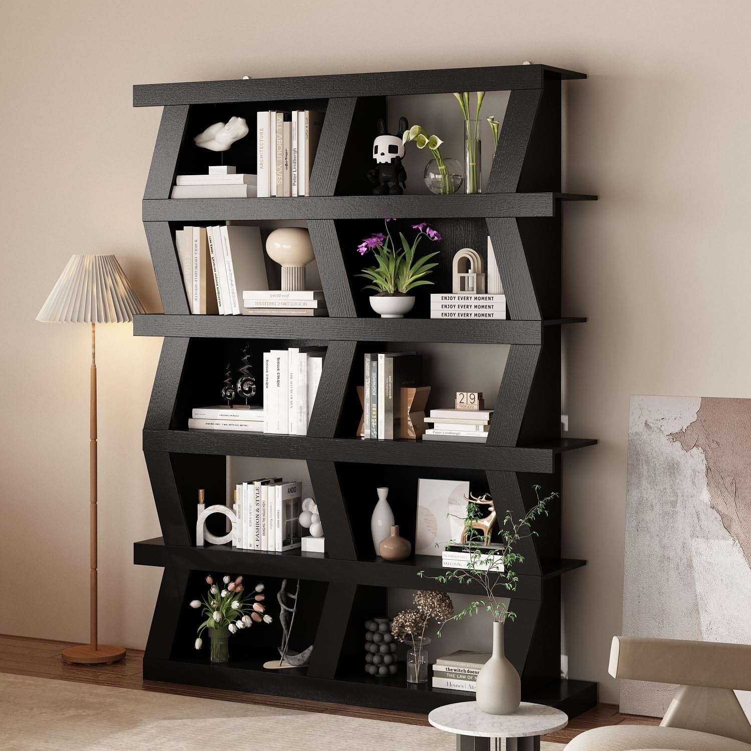 Modern Black Wave Bookcase with 10 Shelves Freestanding Display Unit