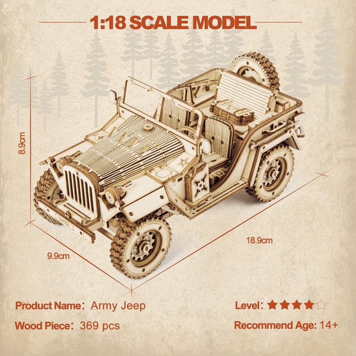 3D Wooden Army Jeep Model Kit 369 Piece DIY Vehicle Puzzle Gift