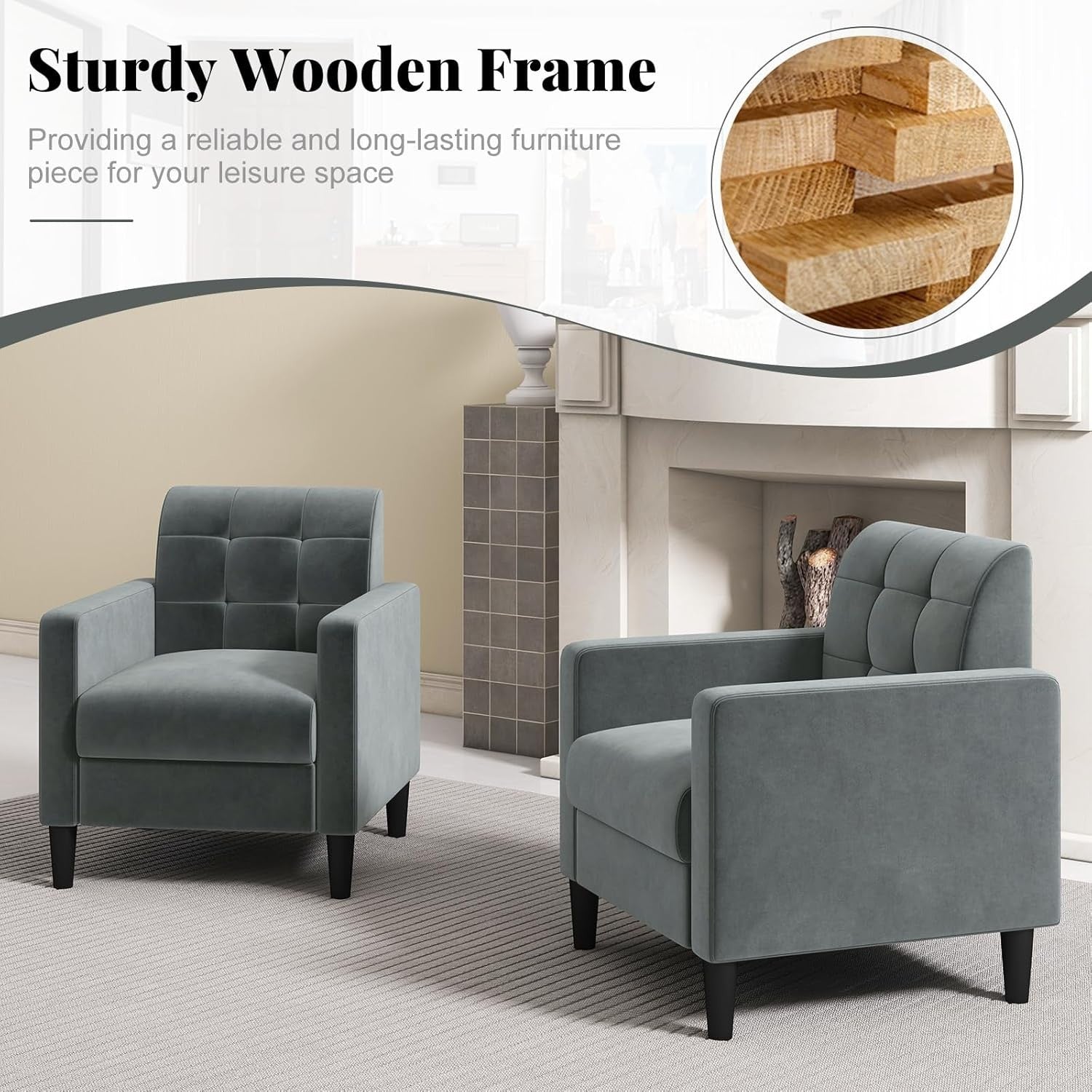 Tufted Velvet Accent Chair Armchair Lounge Seat Comfy Grey Sofa Modern